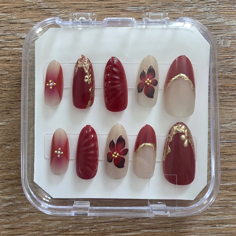 Deep Red & Nude Press Ons - Gold Foil & Floral Accents - Size Small